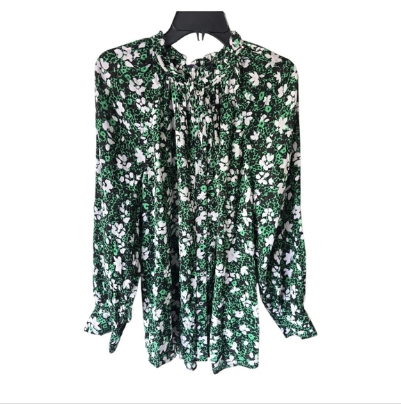 Mark & Spencer Green Floral Long Sleeve Tie Neck Blouse 16 ButtonUp Boho Ruffle - Picture 1 of 12